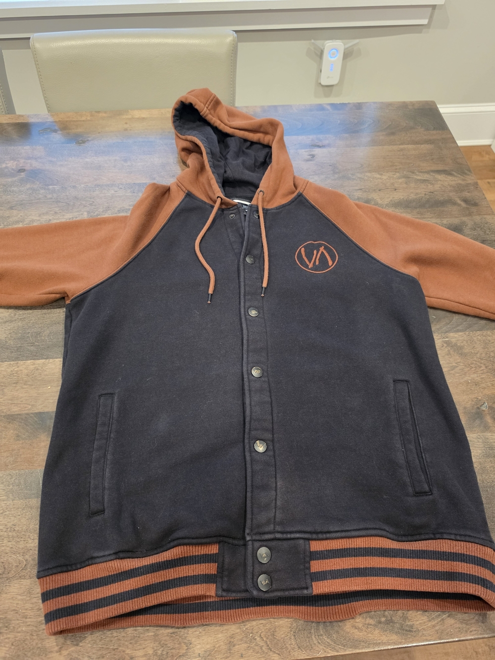 RVVA Men's Two-Tone Black and Rust Hooded Varsity Jacket